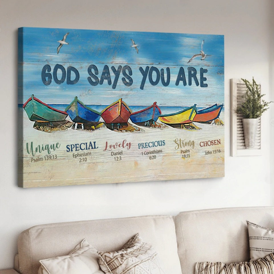 Boat Beach Painting God Says You Are Canvas Wall Art – Christian Poster – Religious Wall Decor