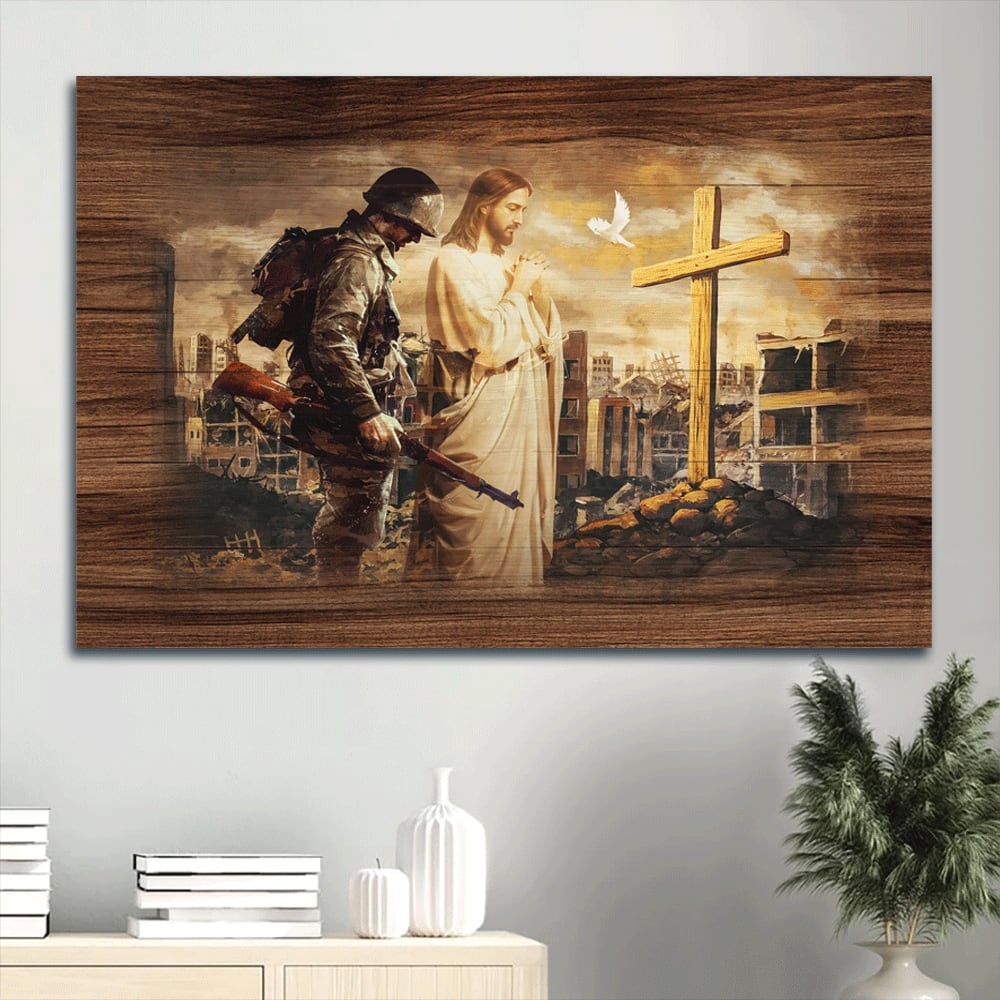 Brave Soldier Jesus Praying City In War Wooden Cross Canvas Wall Art – Christian Wall Decor