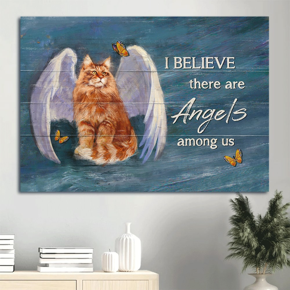 Brown Cat Canvas Angel Wings Butterfly Canvas Cat Lover I Believe There Are Angels Among Us Canvas Wall Art – Christian Wall Decor