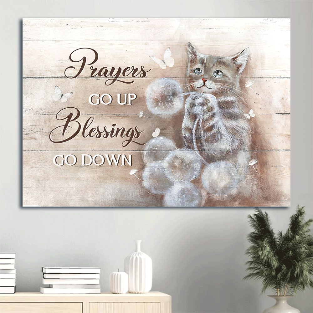 Brown Cat Drawing Canvas Dandelion Field Canvas Cat Lover Prayers Go Up Blessings Go Down Canvas Wall Art – Christian Wall Decor