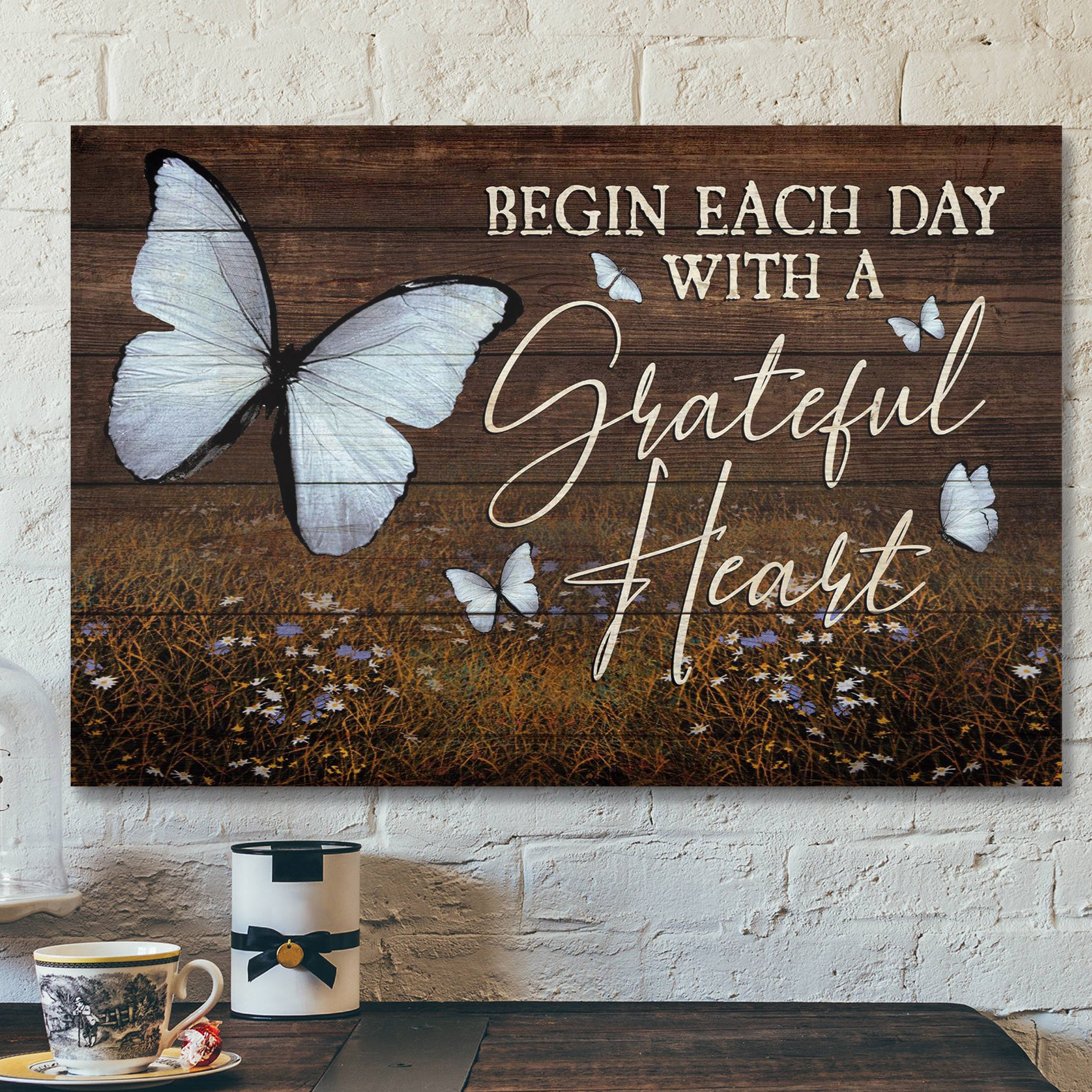 Butterfly – Begin Each Day With Grateful Heart – Bible Verse Canvas – Scripture Canvas Wall Art