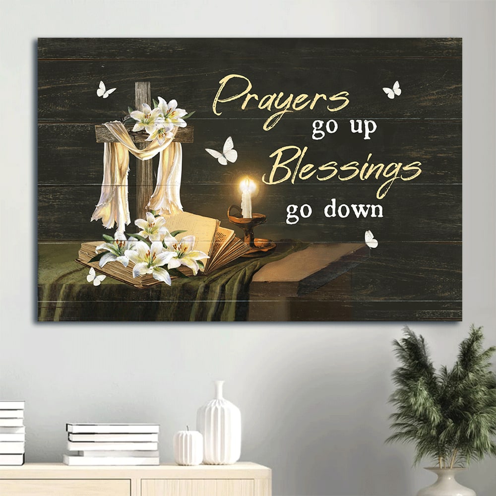 Candle Drawing White Lily Flower Wooden Cross Prayers Go Up Blessings Go Down Canvas Wall Art – Christian Wall Decor