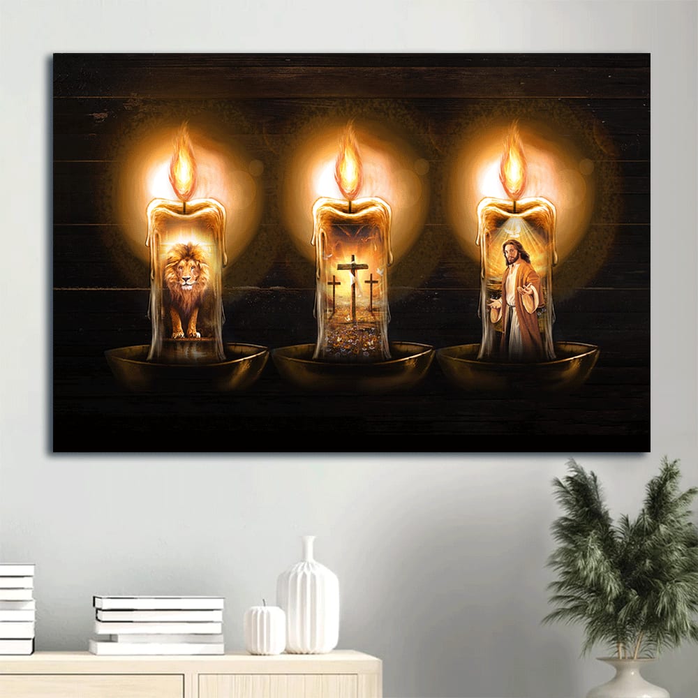 Candles Painting Lion Of Judah Jesus Painting The Three Rugged Crosses Canvas Wall Art – Christian Wall Decor