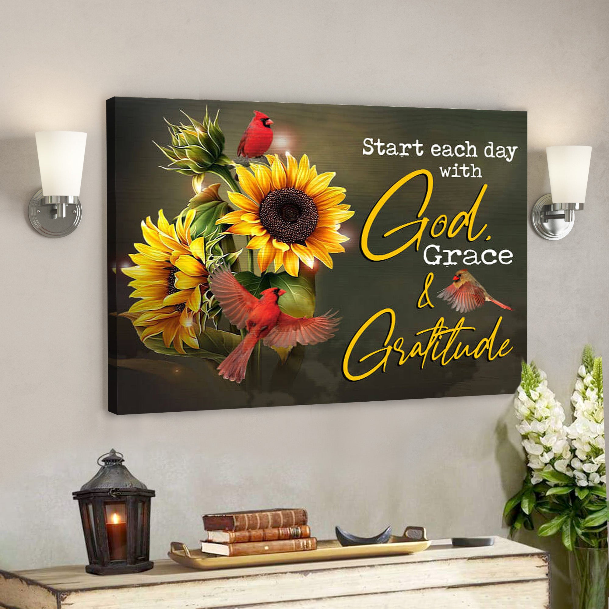 Cardinal – God Grace and Gratitude – Bible Verse Canvas – Scripture Canvas Wall Art