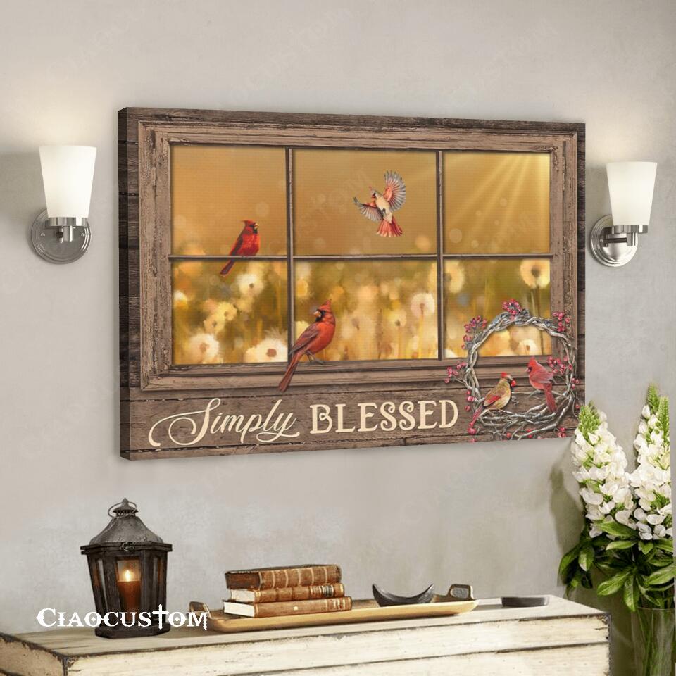 Cardinal Bird Painting – Simply Blessed – Christian Canvas Wall Art – Bible Verse Canvas