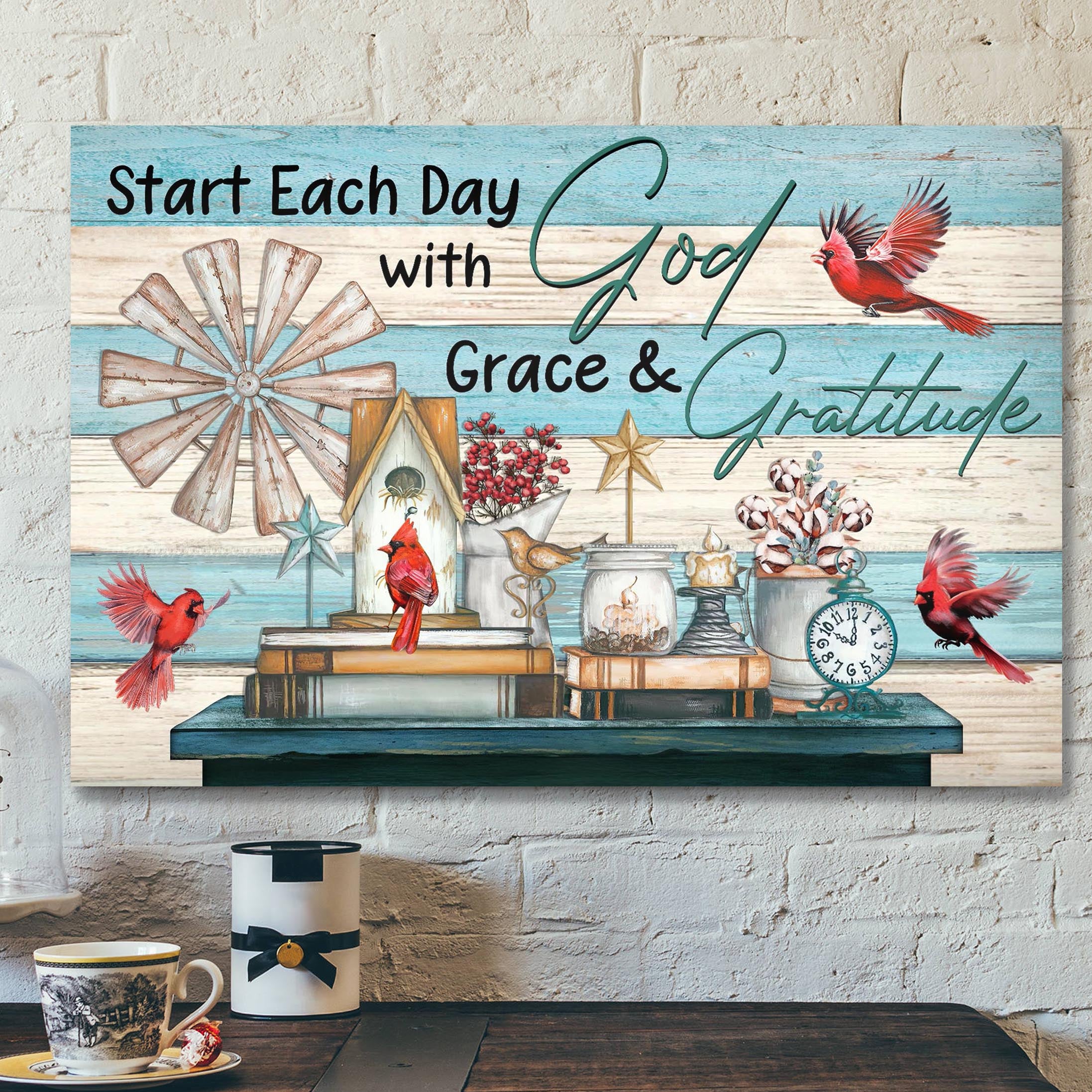 Cardinal Canvas – Start Each Day With Grace And Gratitude Canvas Wall Art – Bible Verse Canvas