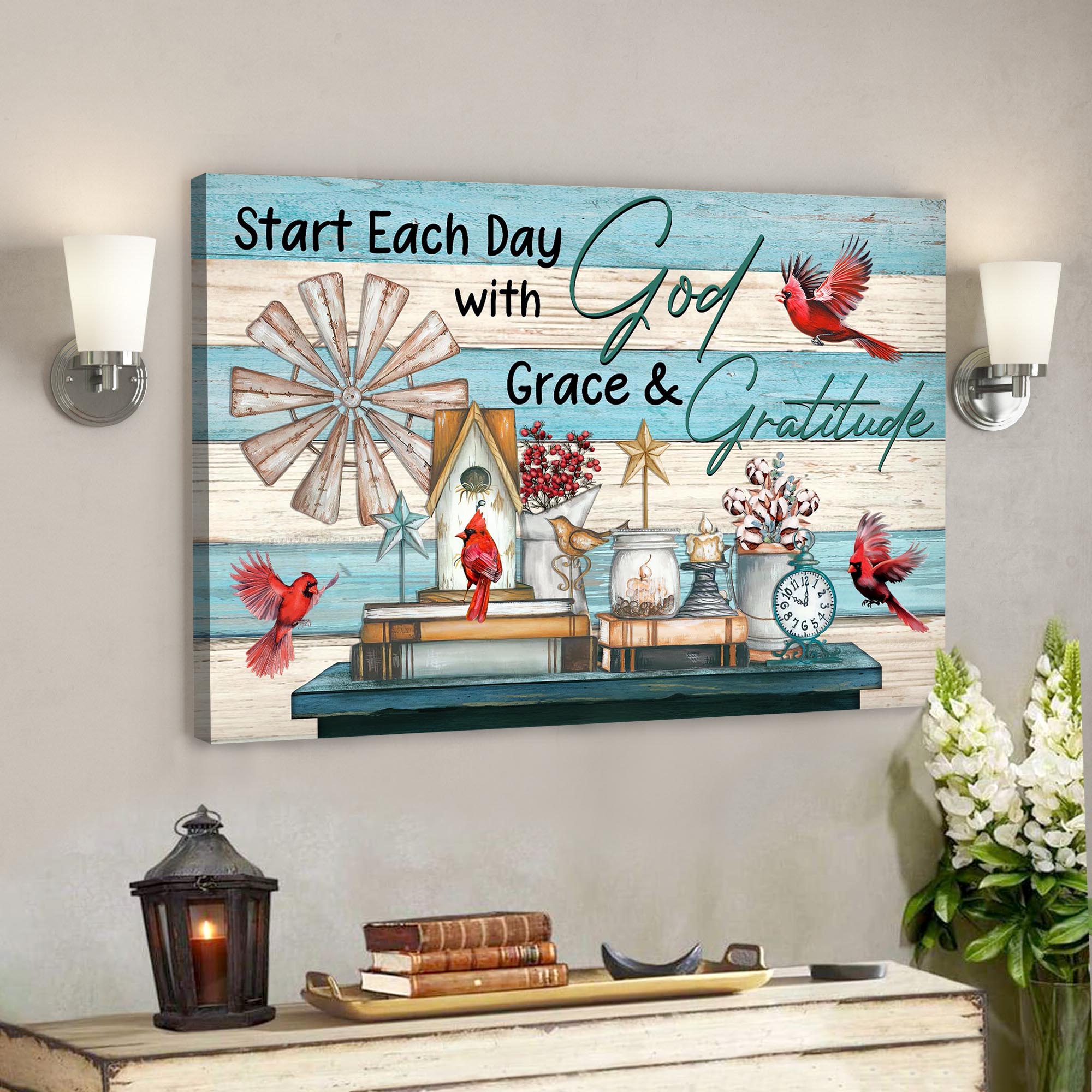 Cardinal Canvas – Start Each Day With Grace And Gratitude Canvas Wall Art – Bible Verse Canvas