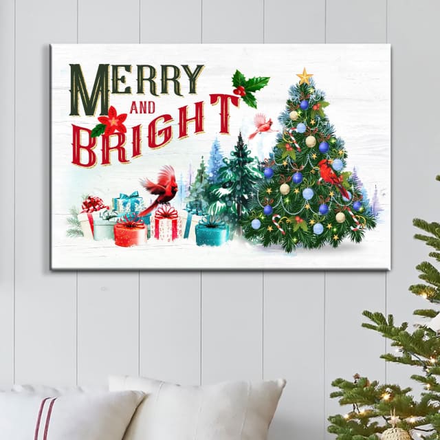 Cardinal Christmas Tree, Merry And Bright Wall Art Canvas – Religious Wall Decor