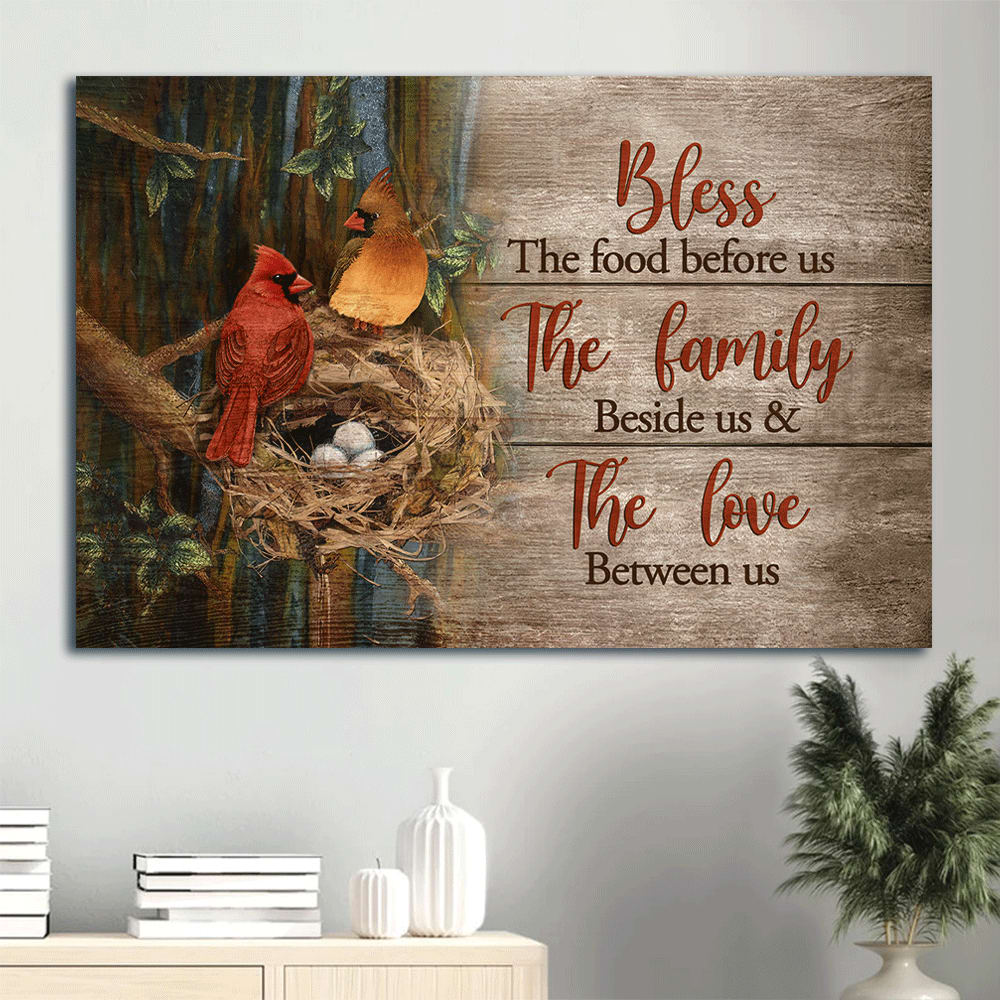 Cardinal Couple. Bird Nest In The Forest Bless The Food Before Us Canvas Wall Art – Christian Wall Decor