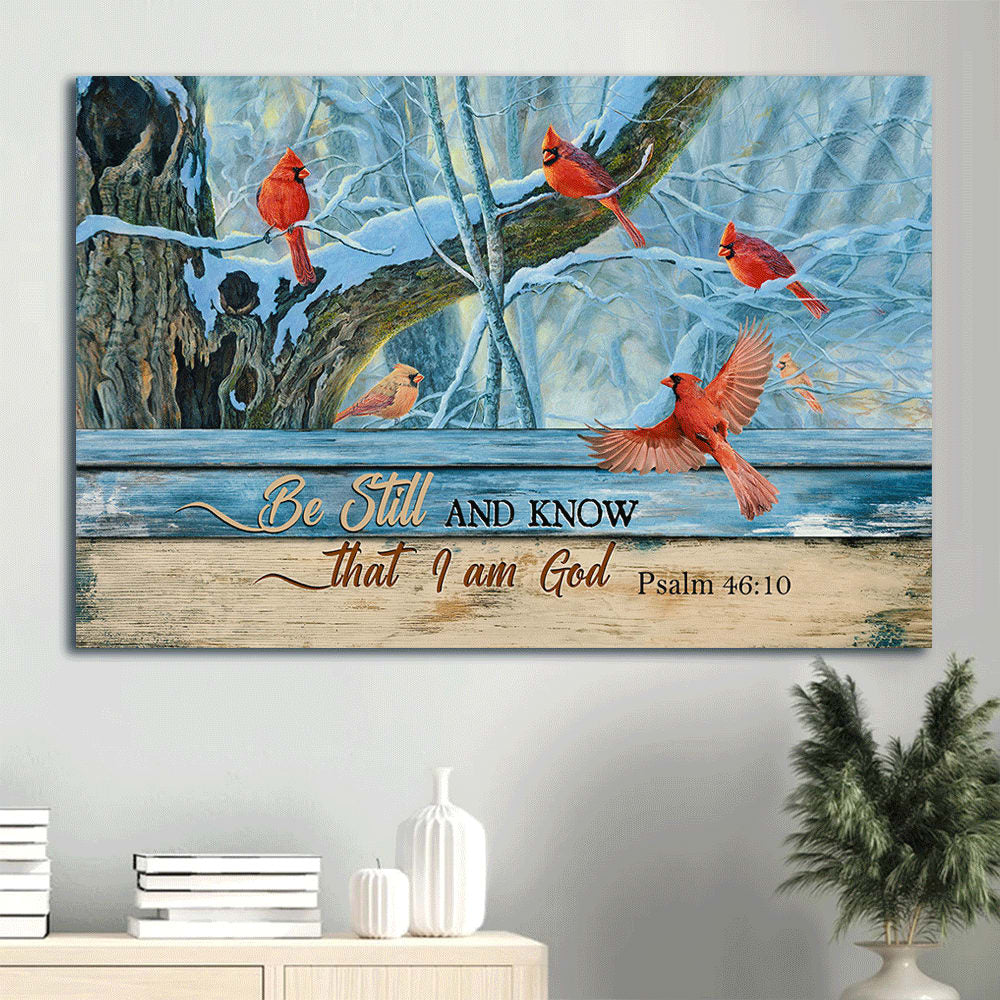 Cardinal Drawing Blue Light Winter Be Still And Know That I Am God Canvas Wall Art – Christian Wall Decor