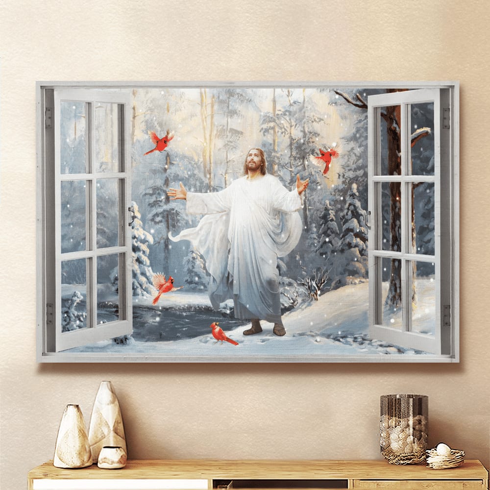 Cardinal Walking With Jesus Into The Winter Forest Canvas Wall Art – Jesus Canvas Pictures – Christian Wall Posters