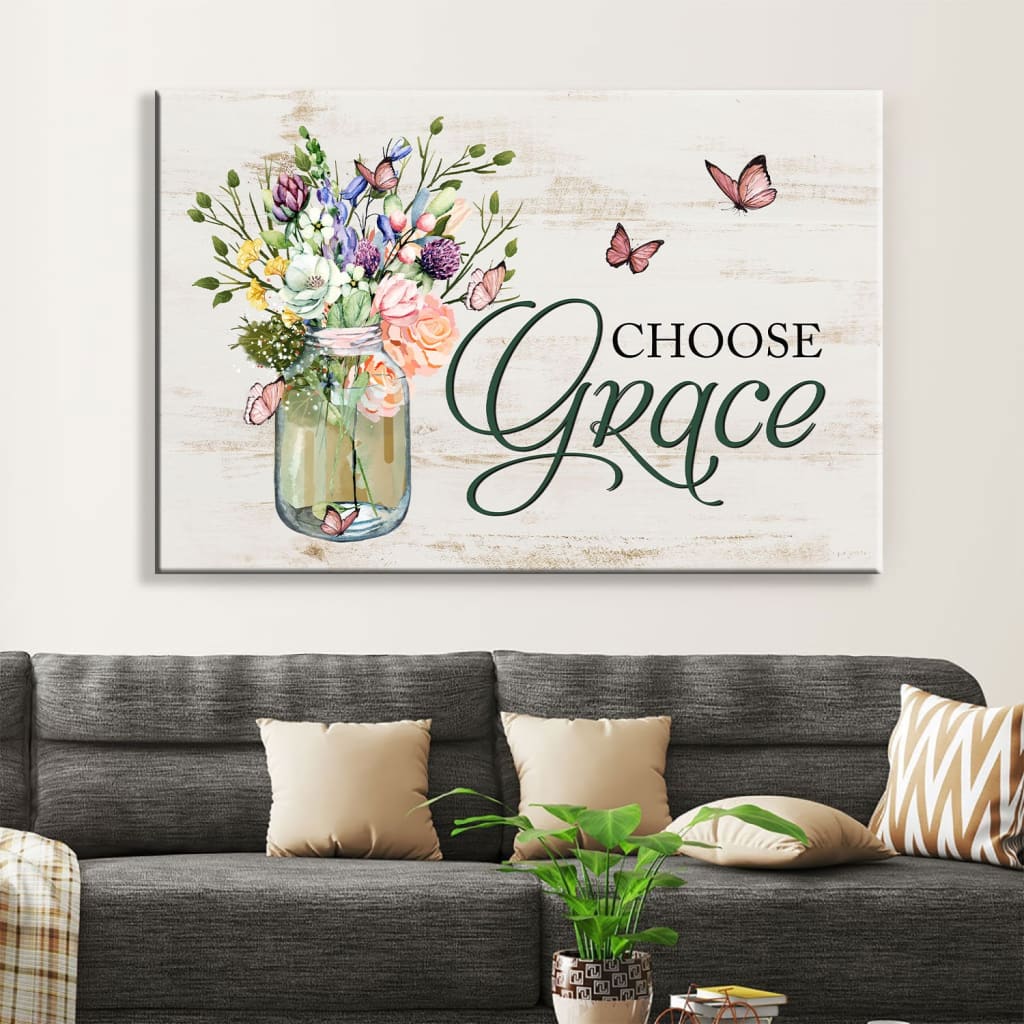 Choose Grace Wall Art Canvas – Flower Butterfly Christian Wall Decor – Religious Wall Decor