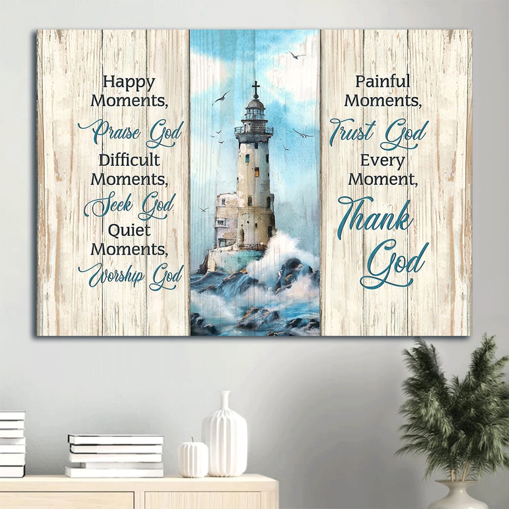 Christ Lighthouse Beach Painting Beautiful Albatross Every Moment Thank God Canvas Wall Art – Christian Wall Decor