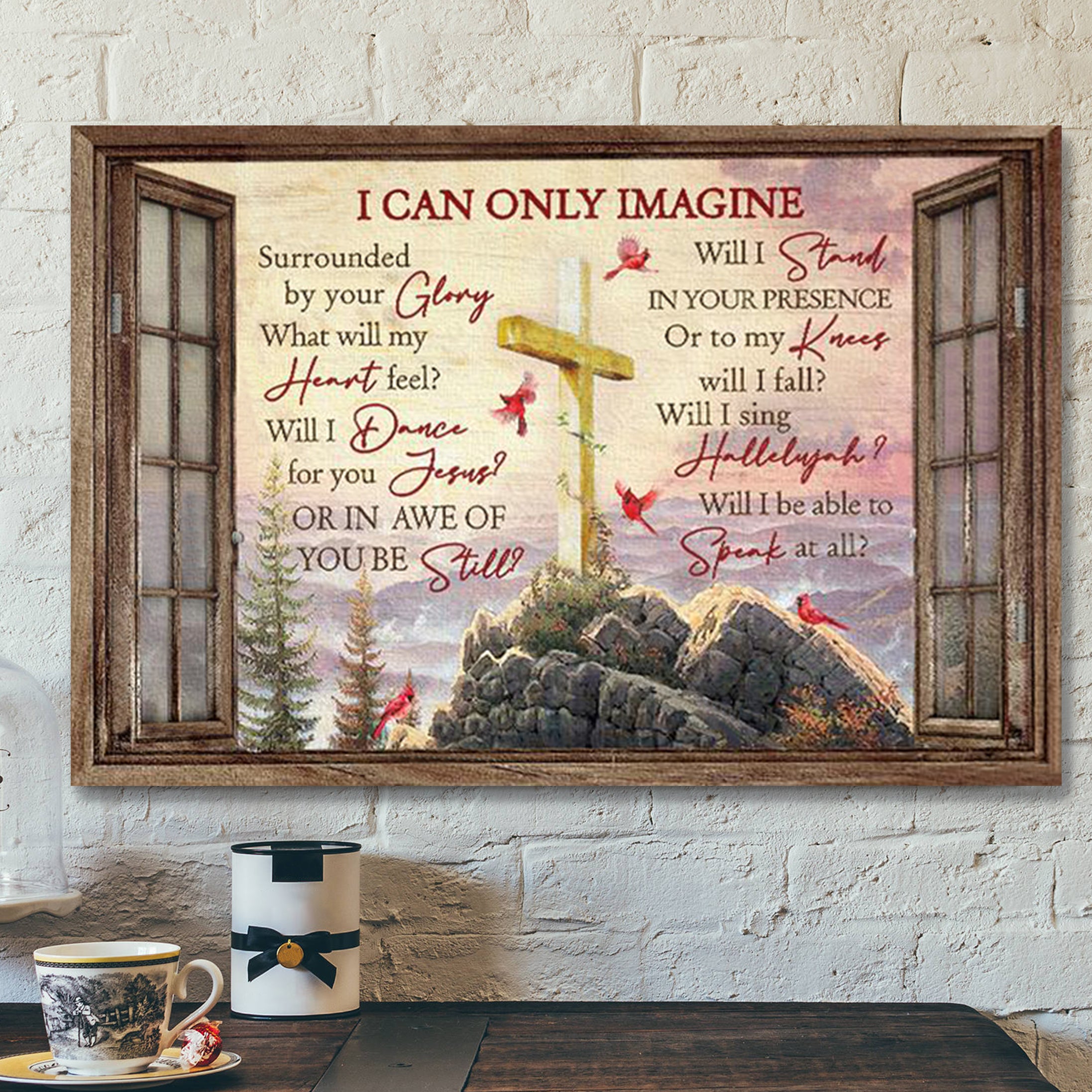 Christian Canvas Wall Art – Beautiful Mountain – Wooden Cross – Pink Sunset – I Can Only Imagine