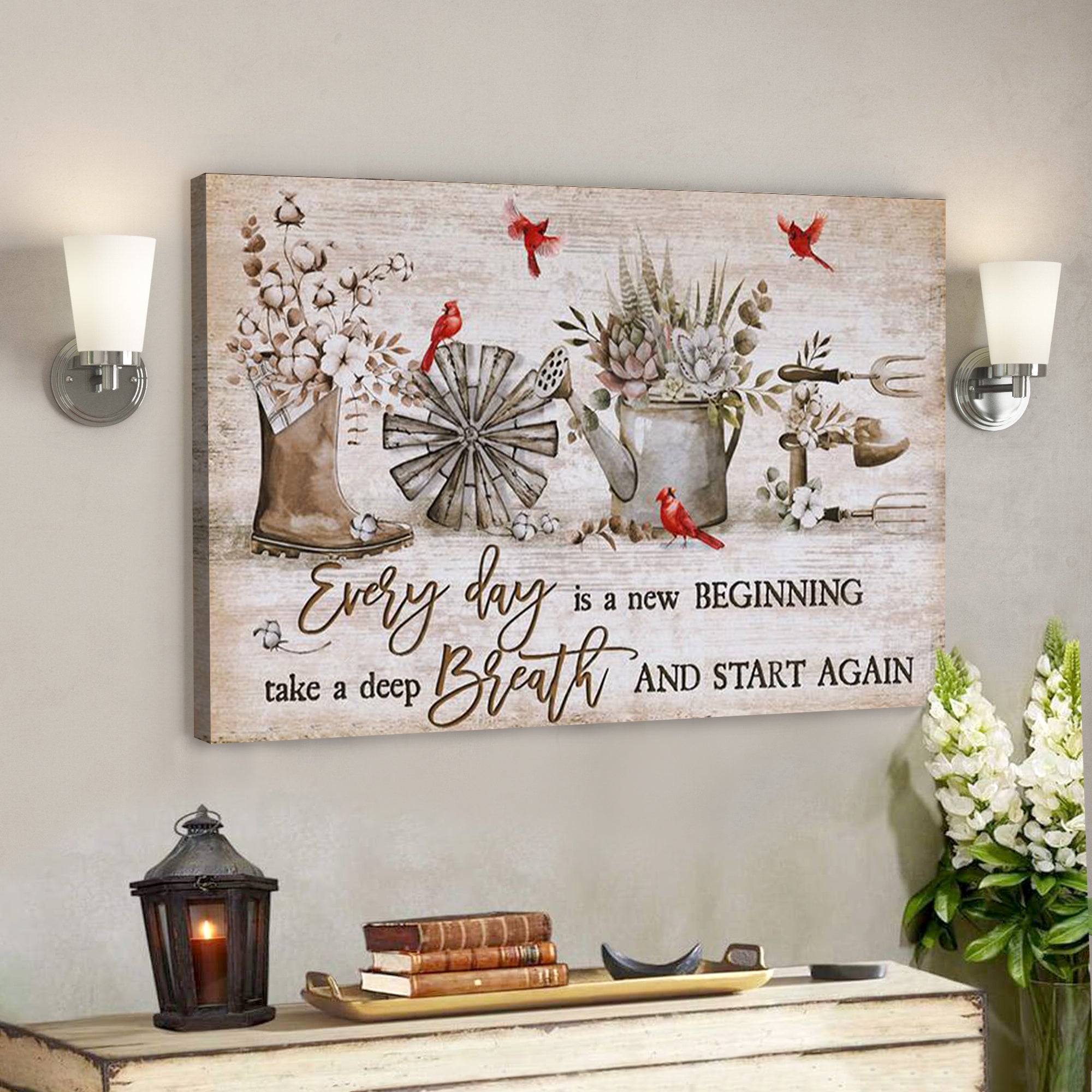 Christian Canvas Wall Art – Cardinal – Vintage Garden – Everyday Is A New Beginning