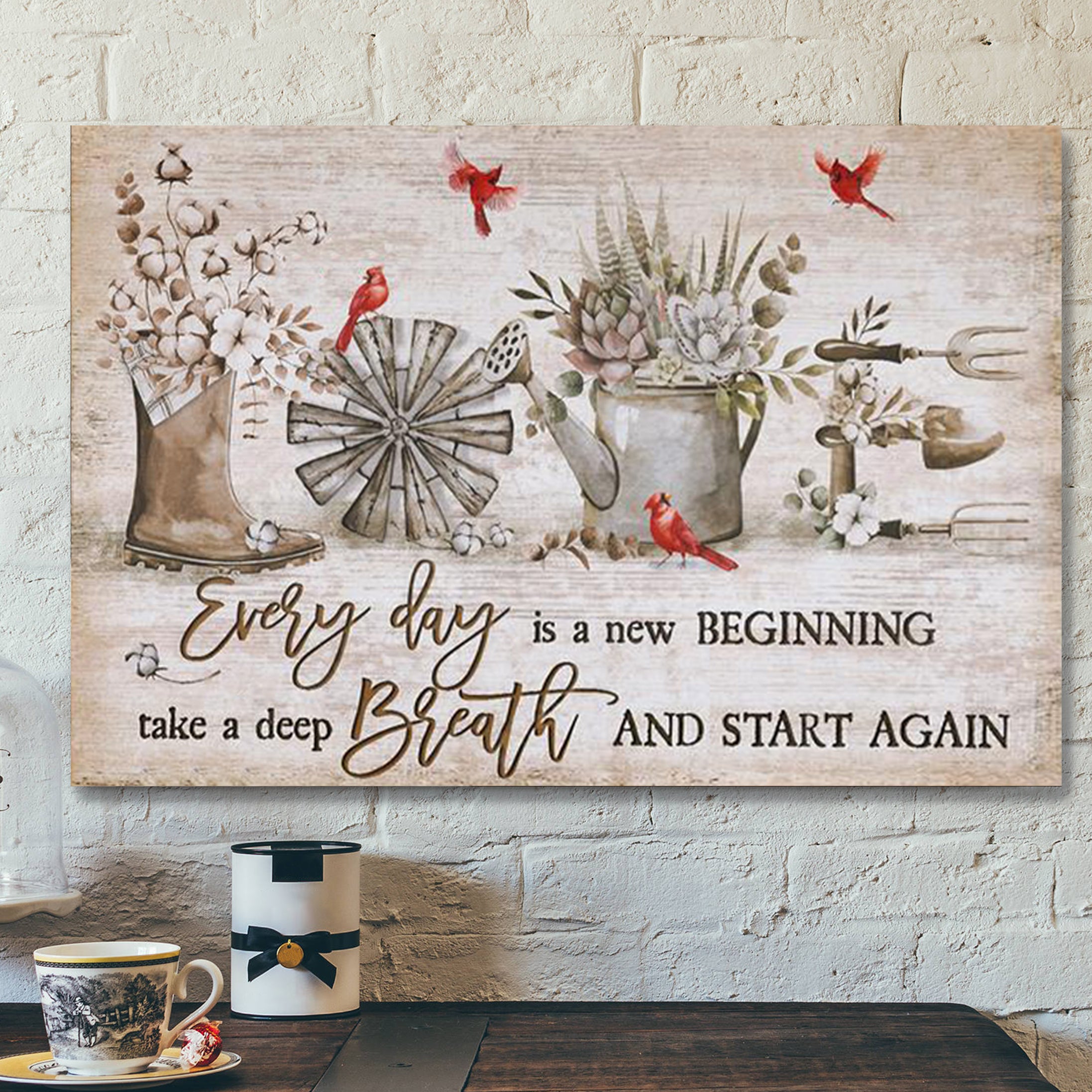 Christian Canvas Wall Art – Cardinal – Vintage Garden – Everyday Is A New Beginning