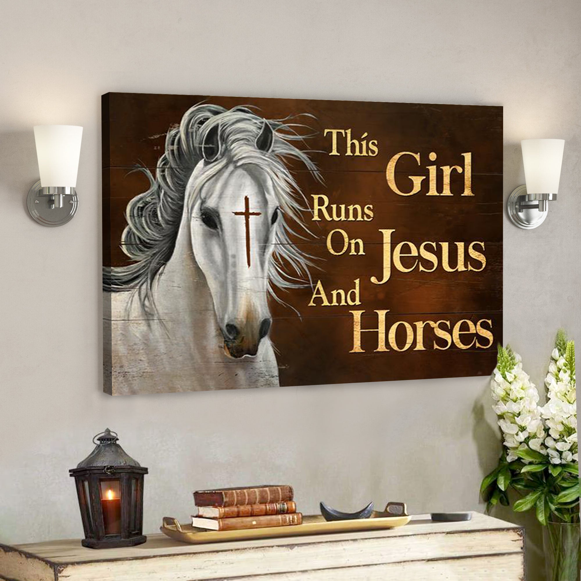 Christian Canvas Wall Art – Cross Symbol – Dark Orange Background – This Girl Runs On Jesus