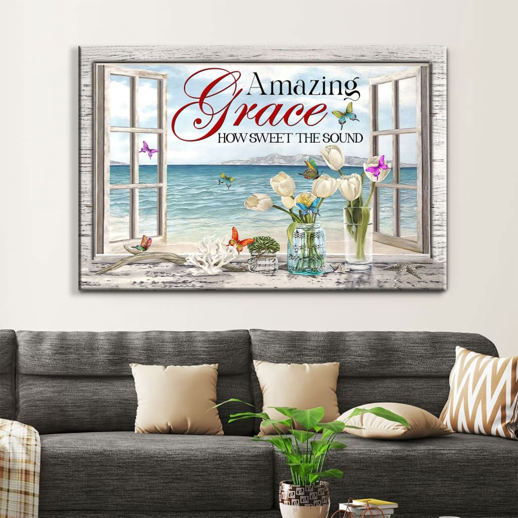 Christian Wall Art Amazing Grace How Sweet The Sound, Butterflies Canvas Print – Religious Wall Decor