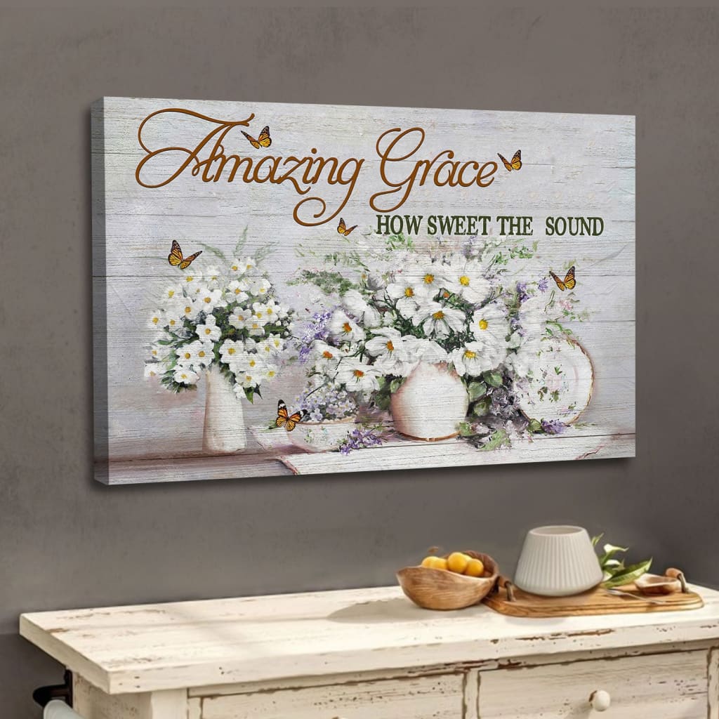 Christian Wall Art Amazing Grace How Sweet The Sound Butterfly Flowers Canvas Print – Religious Wall Decor