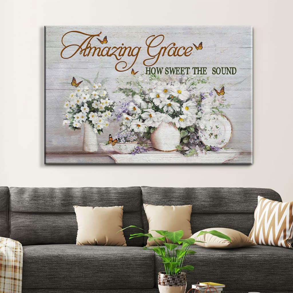 Christian Wall Art Amazing Grace How Sweet The Sound Butterfly Flowers Canvas Print – Religious Wall Decor