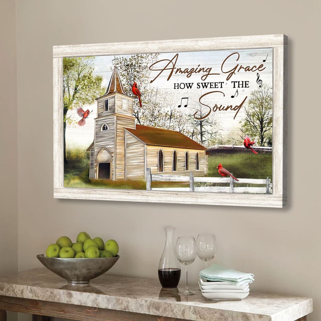 Christian Wall Art Amazing Grace How Sweet The Sound, Cardinal Bird Church, Canvas Print – Religious Wall Decor