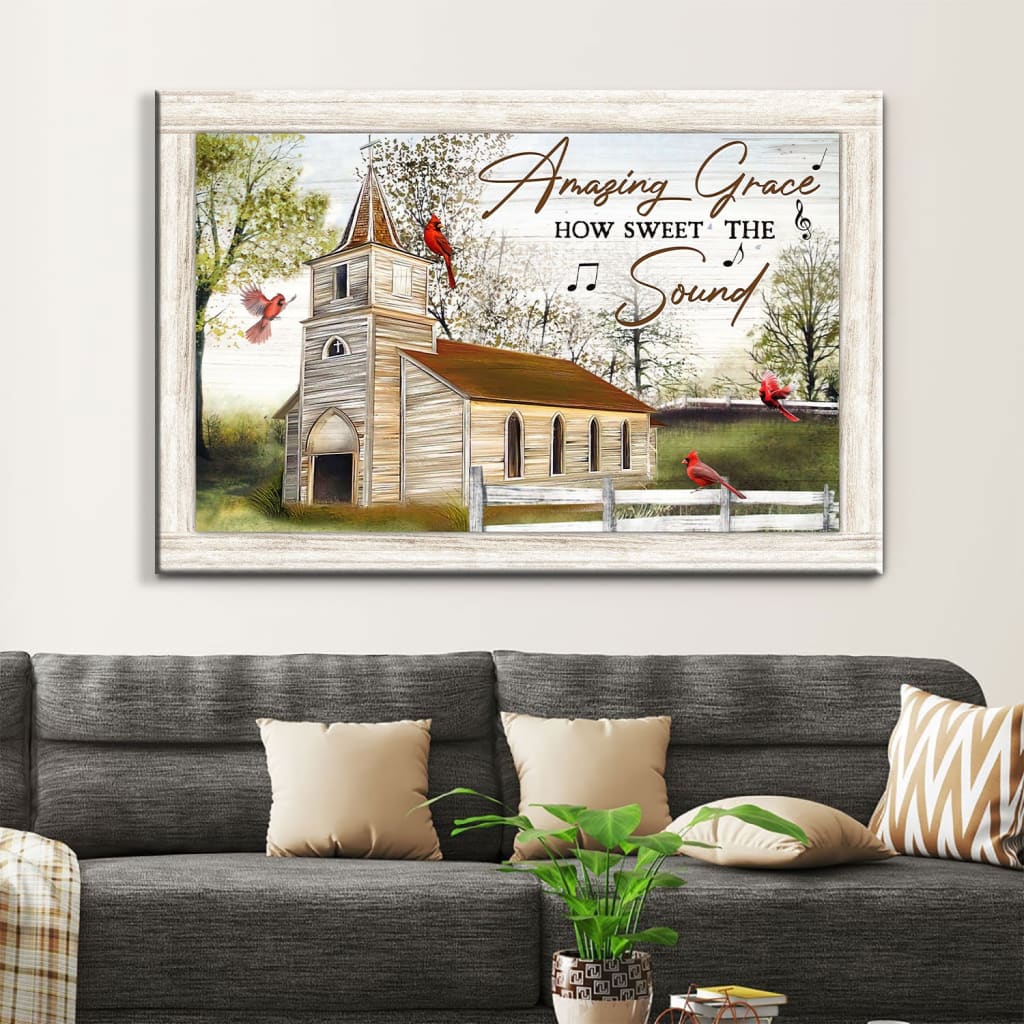 Christian Wall Art Amazing Grace How Sweet The Sound, Cardinal Bird Church, Canvas Print – Religious Wall Decor