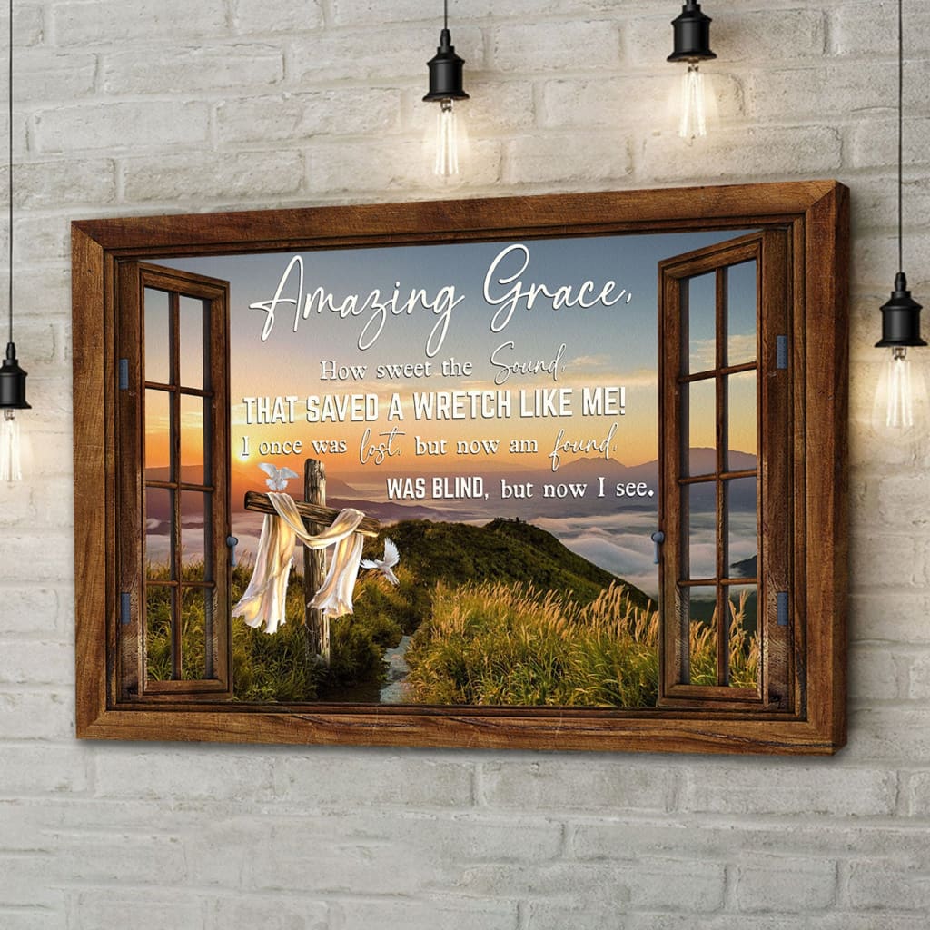 Christian Wall Art Amazing Grace How Sweet The Sound Cross Mountain Canvas Print – Religious Wall Decor