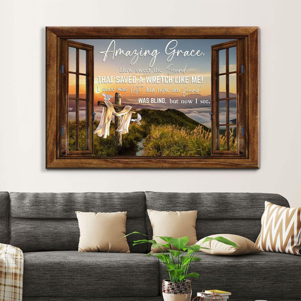 Christian Wall Art Amazing Grace How Sweet The Sound Cross Mountain Canvas Print – Religious Wall Decor