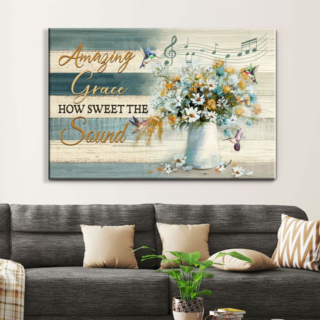 Christian Wall Art Amazing Grace How Sweet The Sound Hummingbird Flowers Canvas Print – Religious Wall Decor