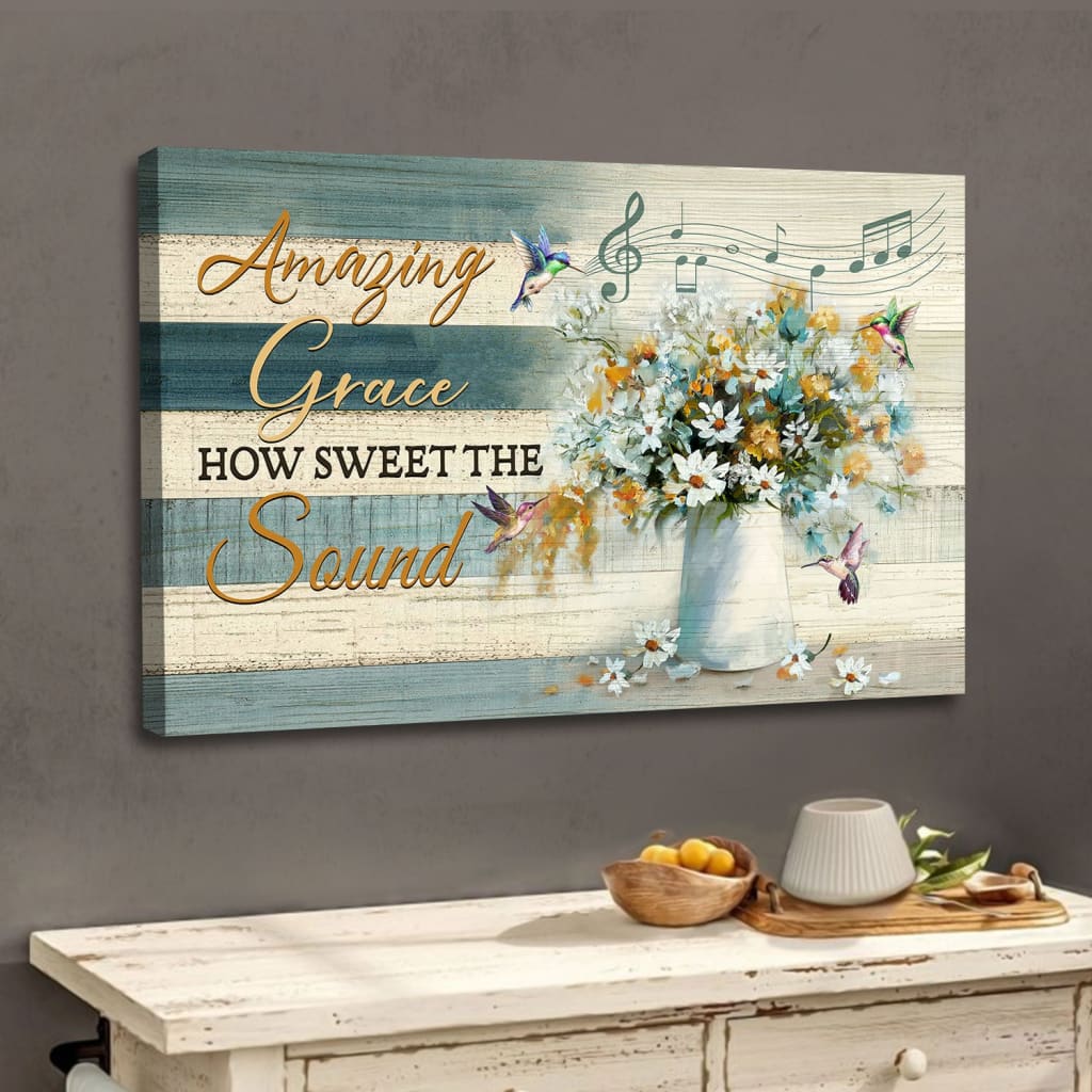 Christian Wall Art Amazing Grace How Sweet The Sound Hummingbird Flowers Canvas Print – Religious Wall Decor