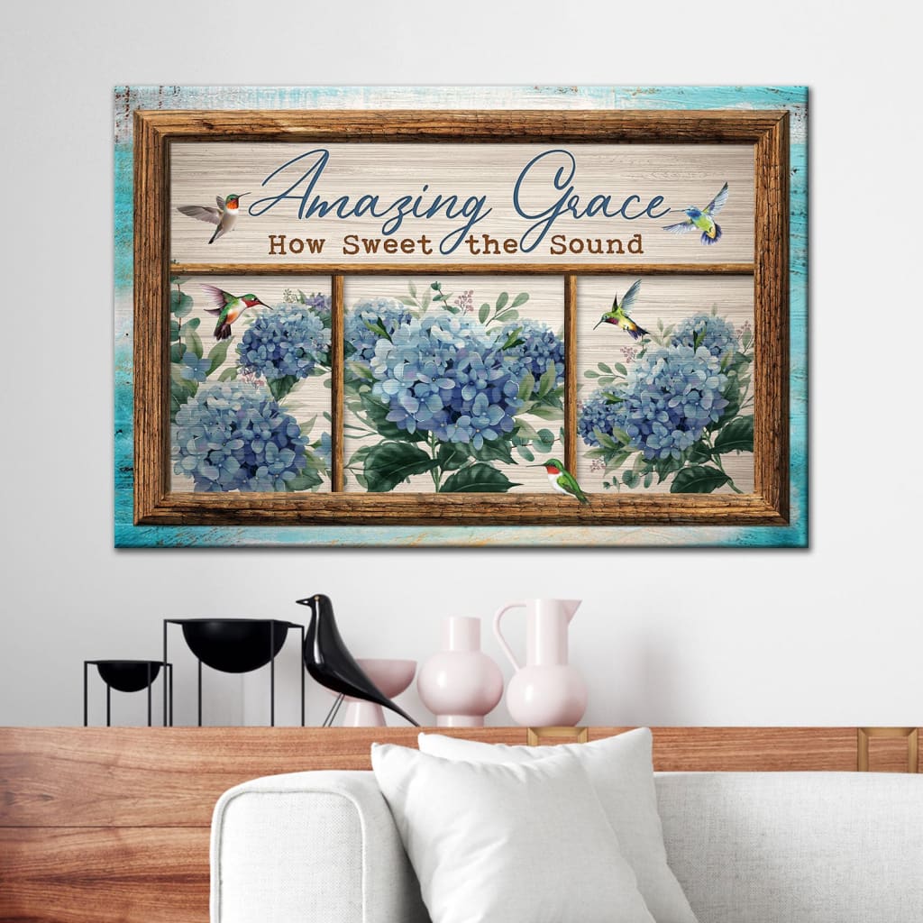 Christian Wall Art Amazing Grace How Sweet The Sound Hummingbird Hydrangea Canvas Art – Religious Wall Decor