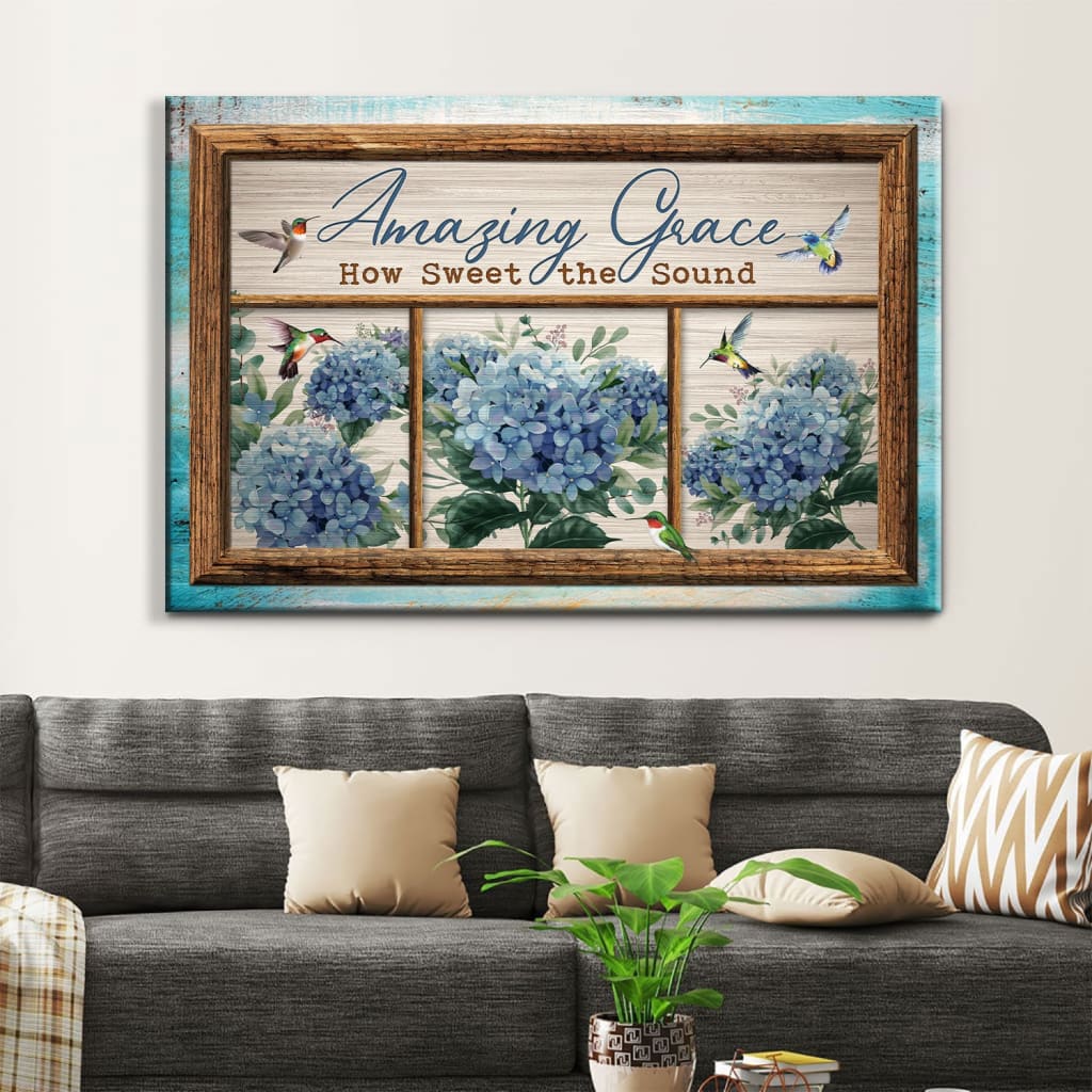 Christian Wall Art Amazing Grace How Sweet The Sound Hummingbird Hydrangea Canvas Art – Religious Wall Decor