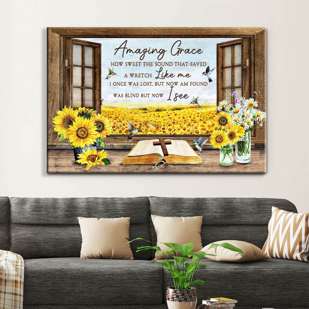 Christian Wall Art Amazing Grace How Sweet The Sound, Hummingbird Sunflower Canvas Print – Religious Wall Decor