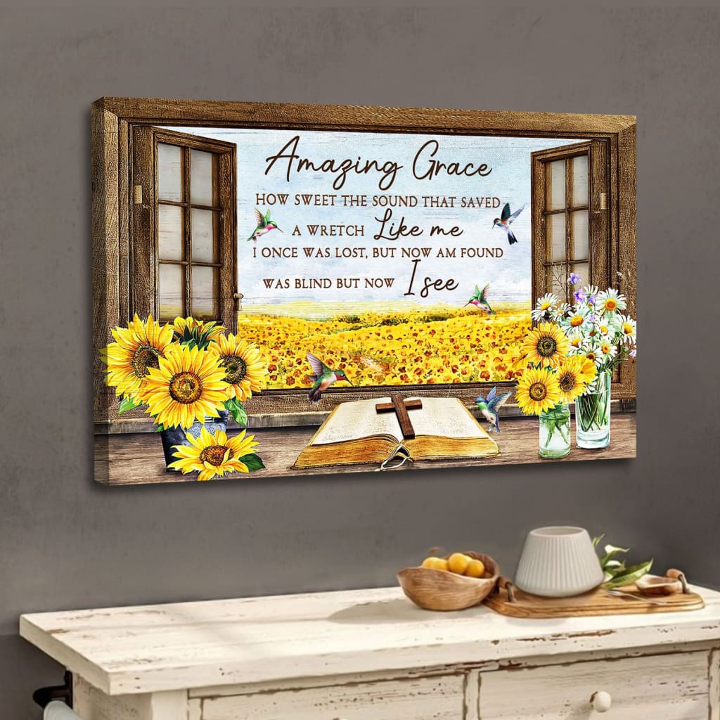 Christian Wall Art Amazing Grace How Sweet The Sound, Hummingbird Sunflower Canvas Print – Religious Wall Decor