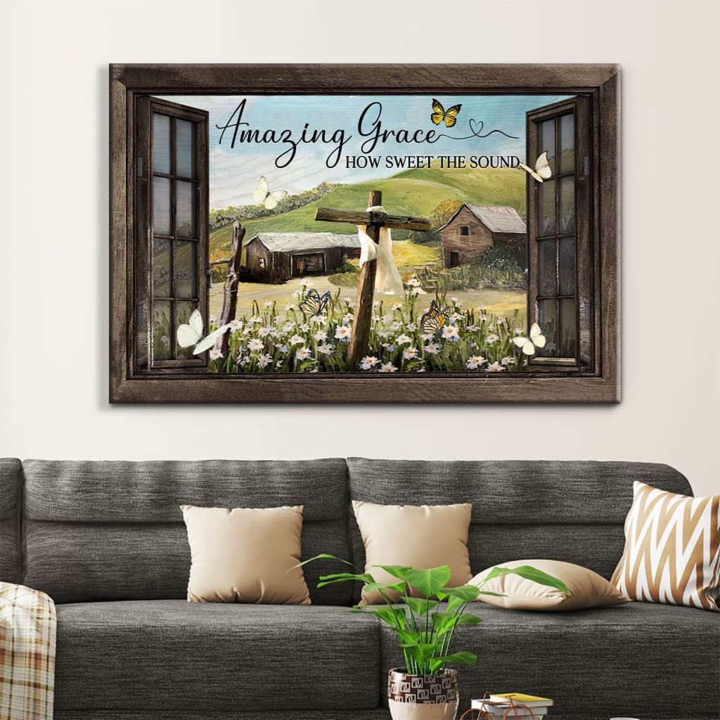 Christian Wall Art Amazing Grace How Sweet The Sound Rustic Farmhouse Canvas Print – Religious Wall Decor