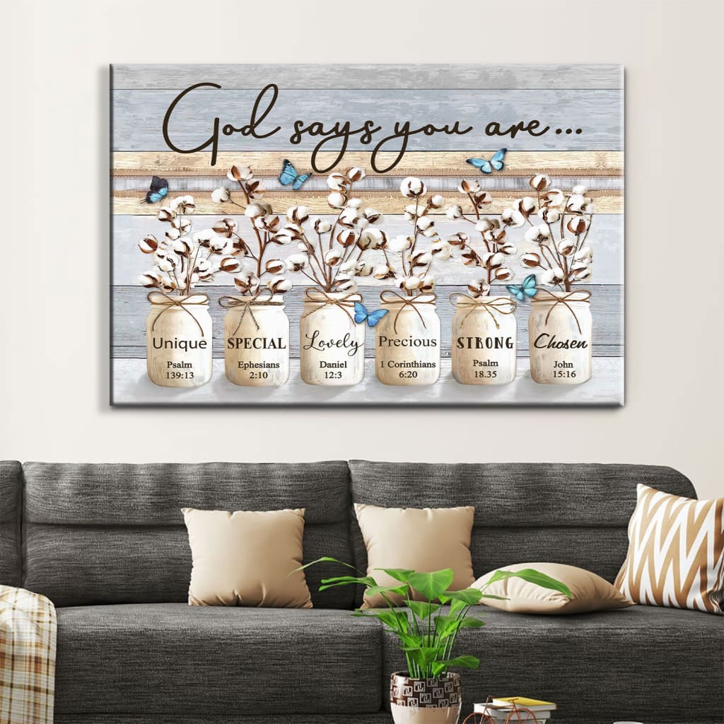 Christian Wall Art God Says You Are, Cotton Flowers Butterflies Canvas Print – Religious Wall Decor