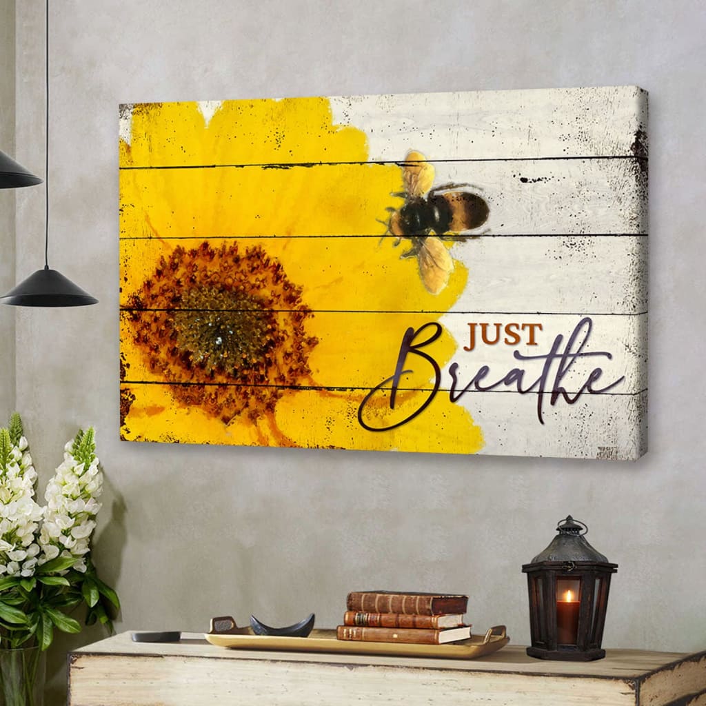 Christian Wall Art Honey Bee Flower Just Breathe Wall Art Canvas – Religious Wall Decor