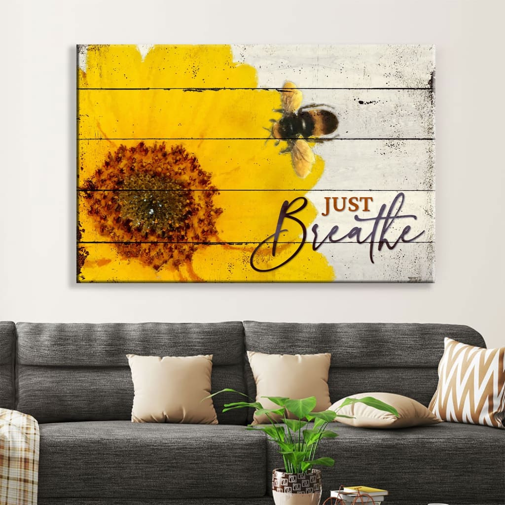 Christian Wall Art Honey Bee Flower Just Breathe Wall Art Canvas – Religious Wall Decor