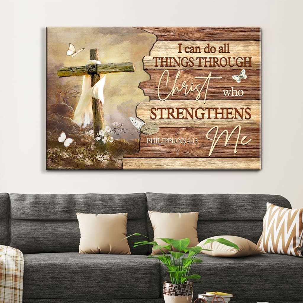 Christian Wall Art I Can Do All Things Through Christ Butterfly Cross Canvas Print – Religious Wall Decor