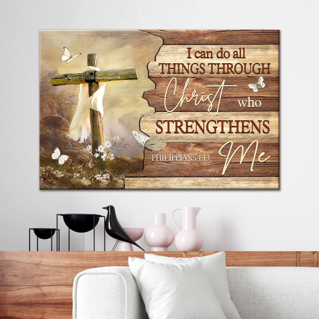 Christian Wall Art I Can Do All Things Through Christ Butterfly Cross Canvas Print – Religious Wall Decor