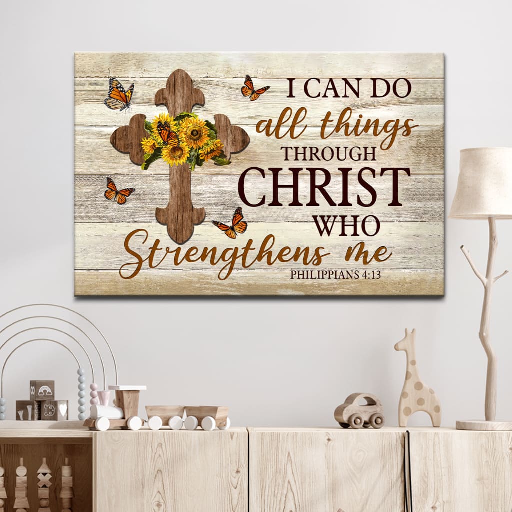 Christian Wall Art I Can Do All Things Through Christ Philippians 413 Sunflower Cross Canvas – Religious Wall Decor