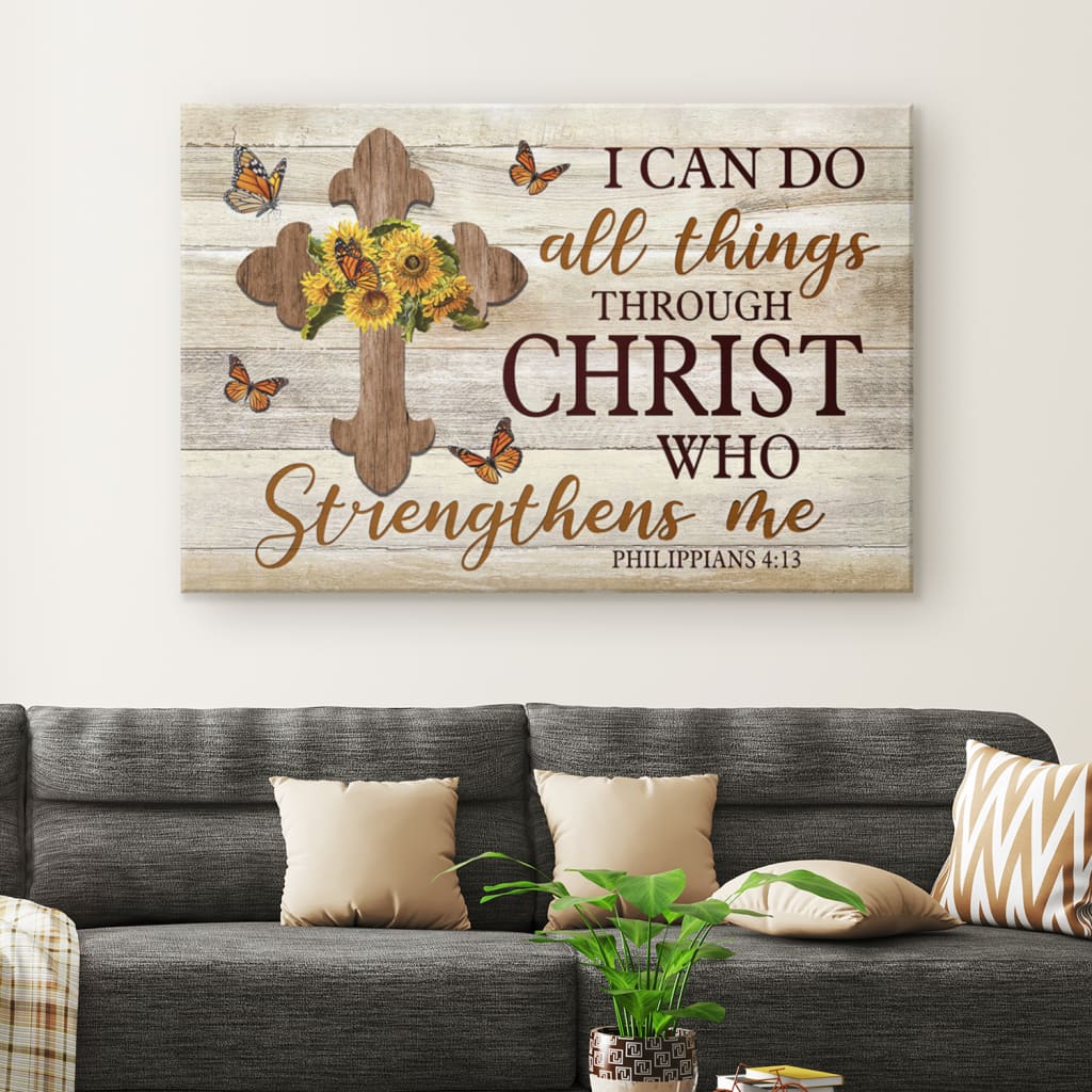 Christian Wall Art I Can Do All Things Through Christ Philippians 413 Sunflower Cross Canvas – Religious Wall Decor