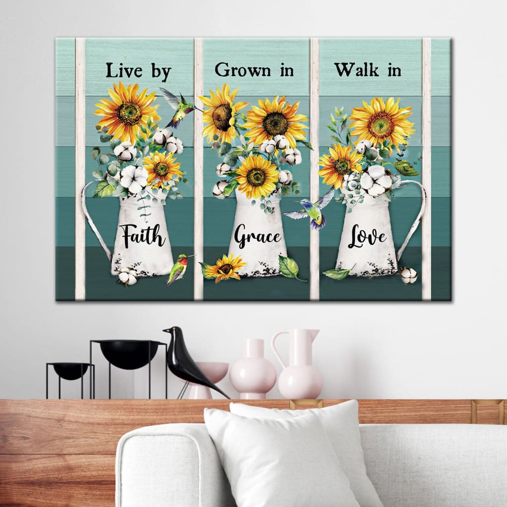 Christian Wall Art Live By Faith Grow In Grace Walk In Love, Hummingbird Sunflower Canvas Print – Religious Wall Decor