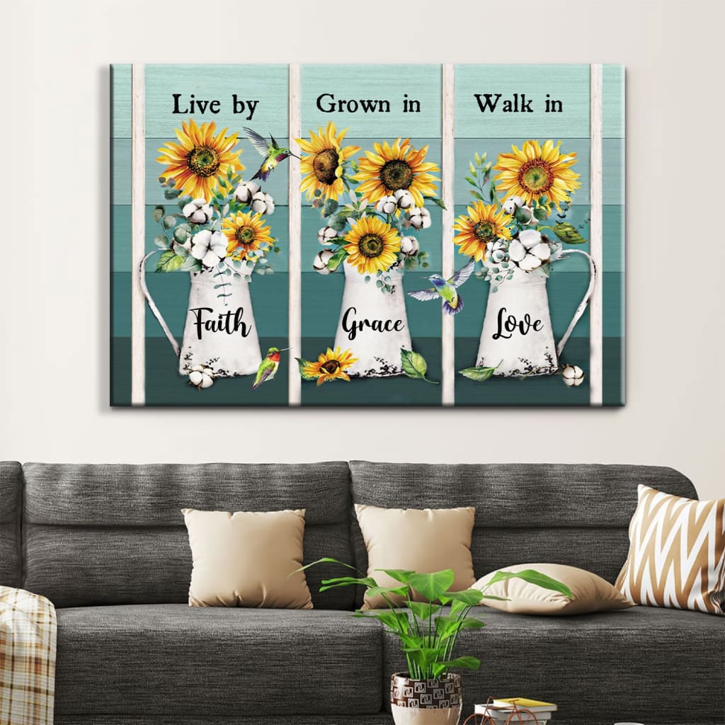 Christian Wall Art Live By Faith Grow In Grace Walk In Love, Hummingbird Sunflower Canvas Print – Religious Wall Decor