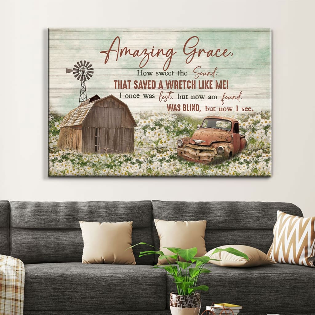 Christian Wall Decor Amazing Grace How Sweet The Sound, Farmhouse Style Canvas Print – Religious Wall Decor