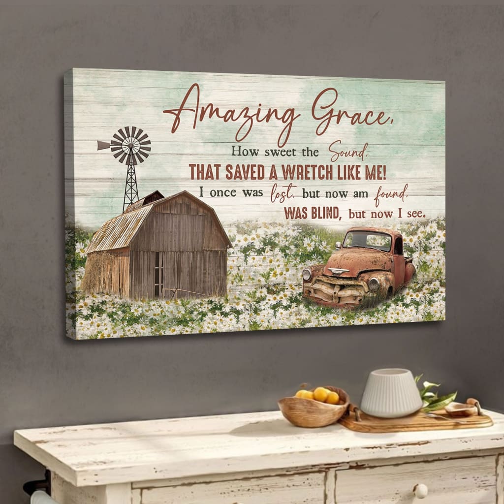 Christian Wall Decor Amazing Grace How Sweet The Sound, Farmhouse Style Canvas Print – Religious Wall Decor