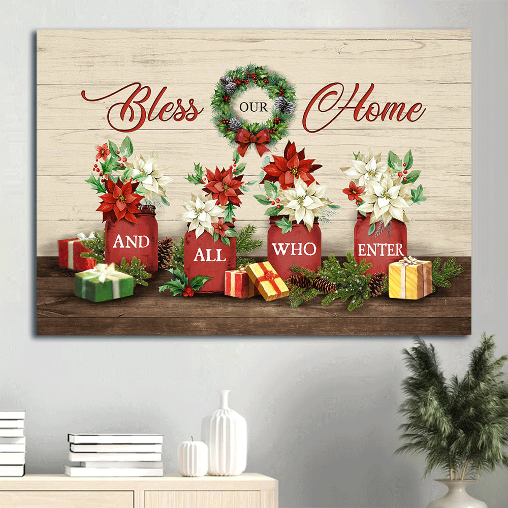 Christmas Painting Flower Laurel Wreath Colorful Christmas Gift Box Bless Our Home And All Who Enter Canvas Wall Art – Christian Wall Decor