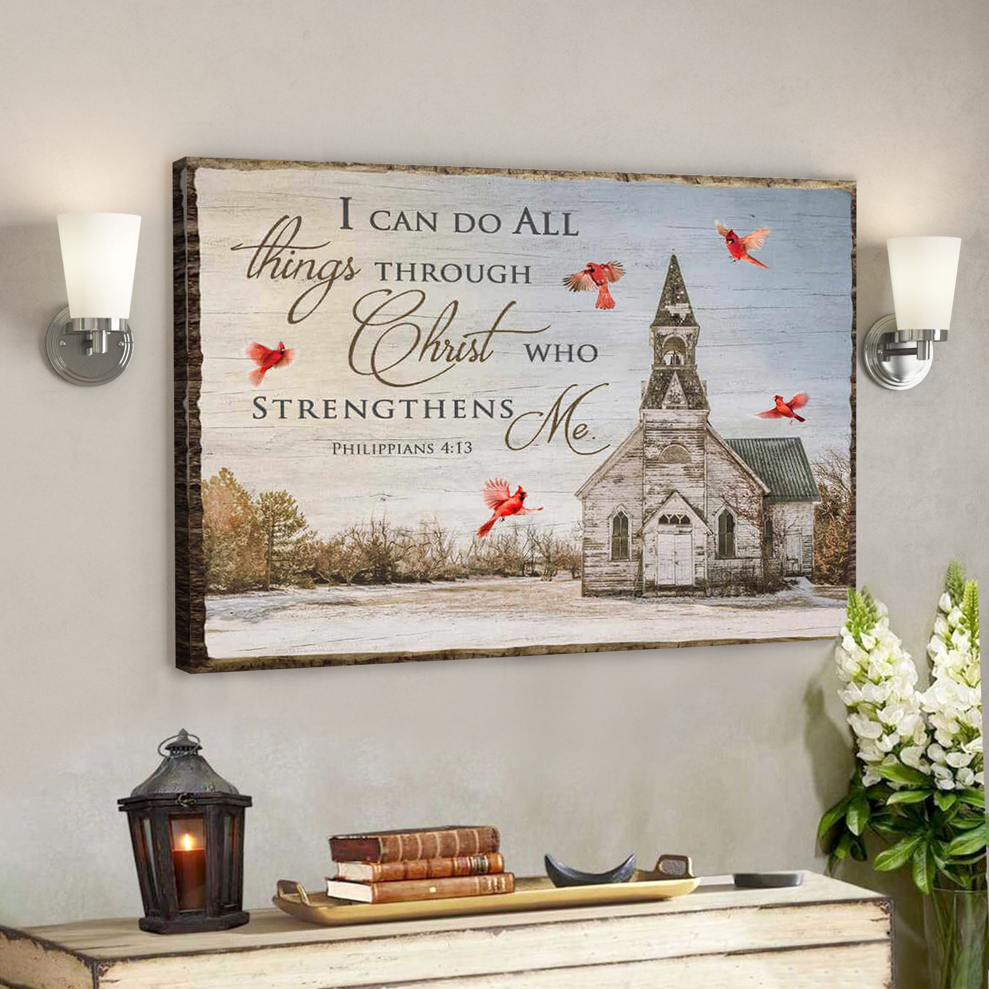 Church And Cardinal Canvas I Can Do All Things Through Christ – Bible Verse Canvas – Scripture Canvas Wall Art