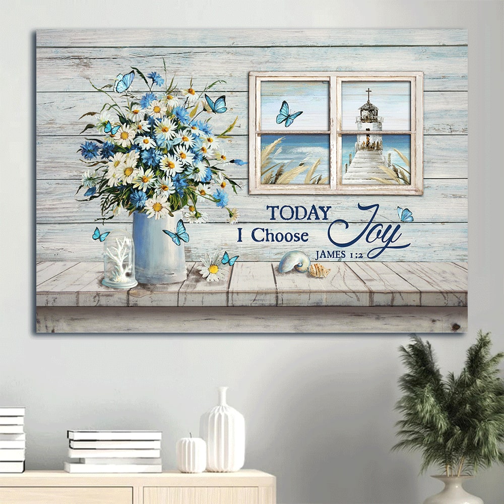 Church By The Sea Church Through Rustic Window Window Frame Blue Butterfly Daisy Flower Today I Choose Joy Canvas Wall Art – Christian Wall Decor