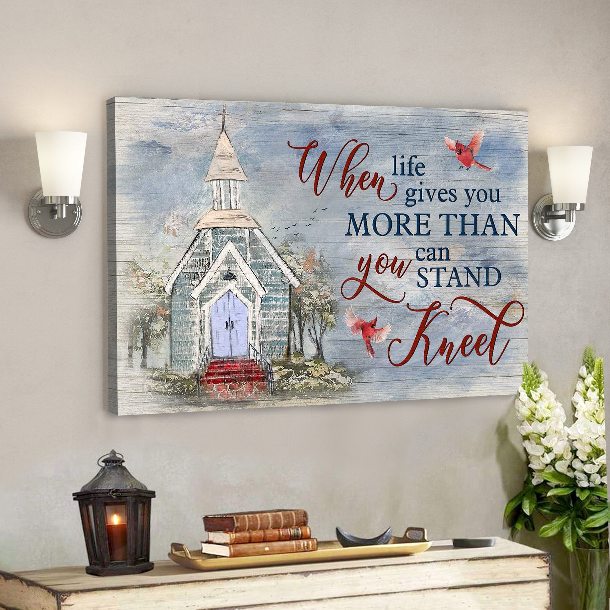 Church With Cardinal Bird – When Life Gives You More Than – Bible Verse Canvas – Scripture Canvas Wall Art